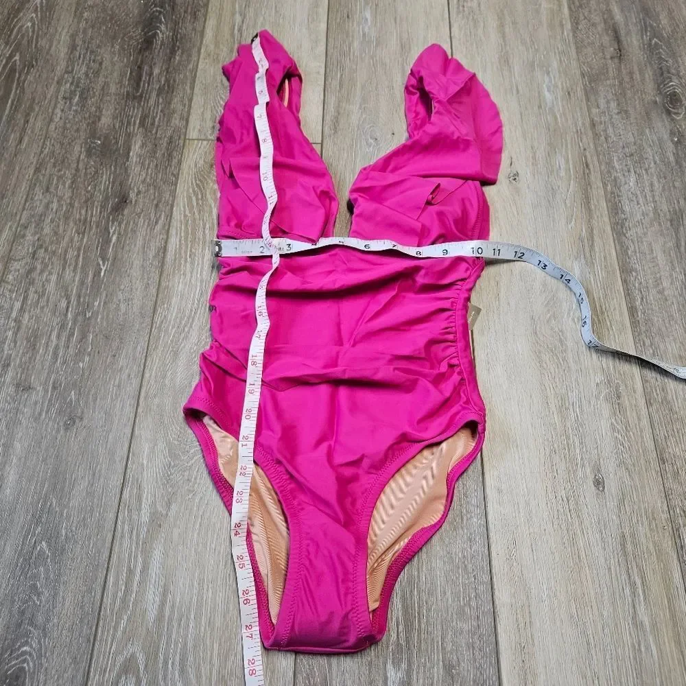 J. Crew Ruched V Neck Ruffle One Piece Swimsuit Women's 0 Fuchsia Hot Pink
